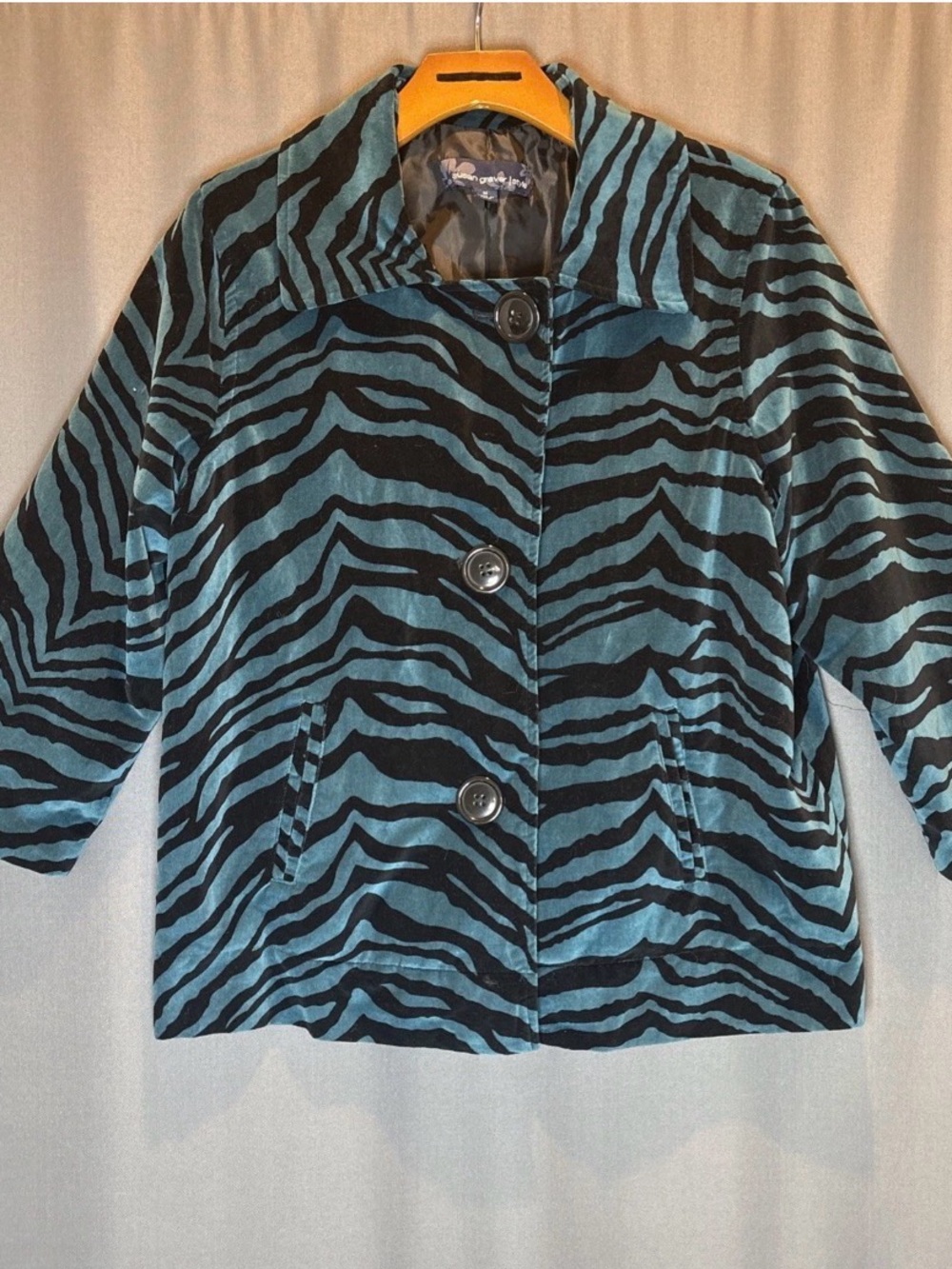 Y2K Womens Teal and Black Zebra Print Button Jacket 3/4 sleeve